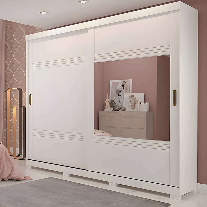 Guarda-Roupa Casal Com Espelho 2 Portas de Correr em MDF Panan Móveis Blumenau Branco