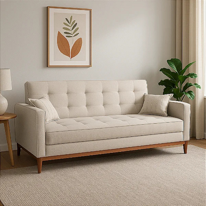 Sofá Cama Unique Design 2,0 m em Linho Creme com Espuma D28 e Molas no Assento