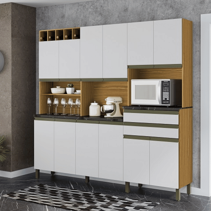 Armário de Cozinha Kit 12 Portas 2 Gavetas 100% MDF Ronipa Móveis Malbec Amendoa/Branco