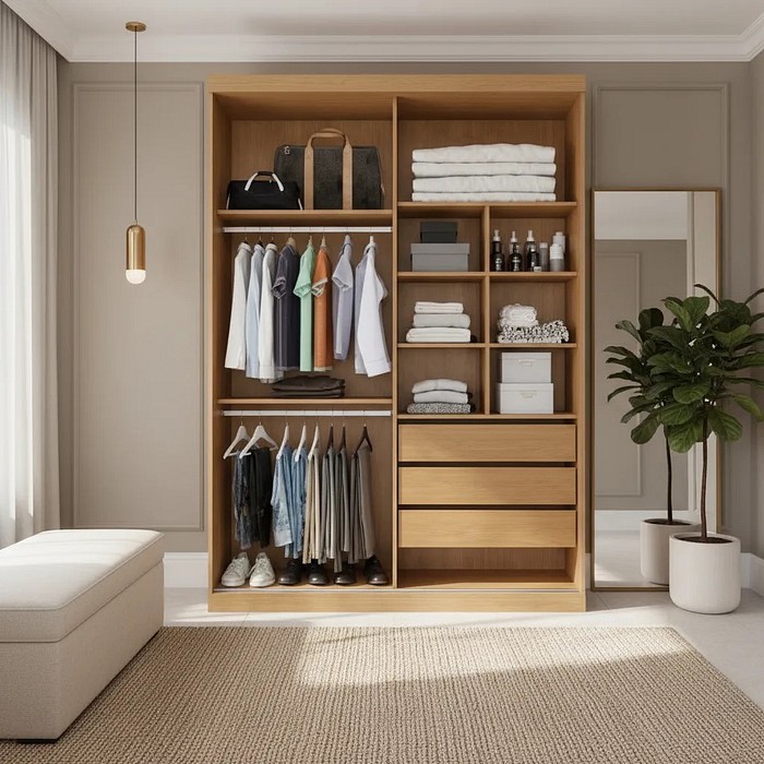 Guarda-Roupa Casal Com Espelho 2 Portas de Correr 100% MDF Veneza Naturall/Off White - Bianchi