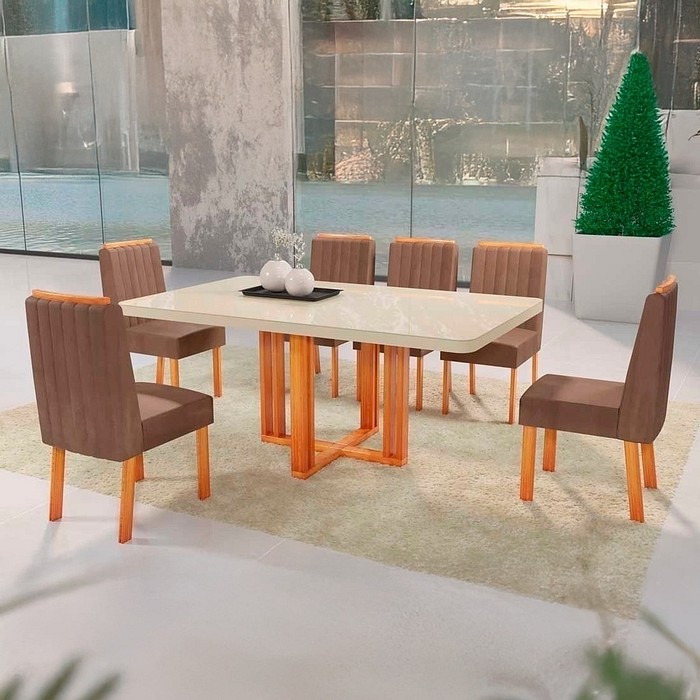Mesa de Jantar Sentra 160x80 Tampo com Vidro, 06 cadeiras Nature/T3010 - Bom Pastor 