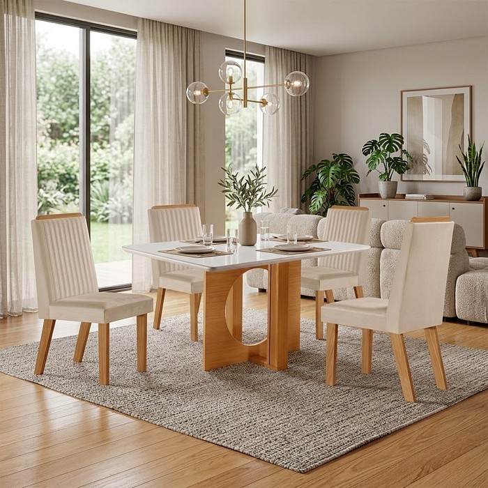 Conjunto Mesa Firenze 120x80cm com 4 Cadeiras Riviera Castanho/Off White Sued 164- LJ Móveis