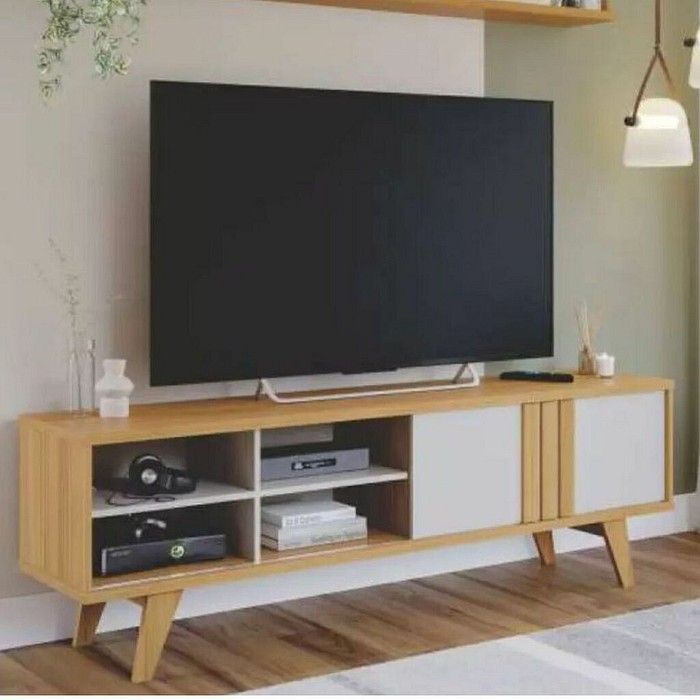 Rack para Sala Retrô TV 75 Polegadas em MDF Permobili Paraty Nature/Off White