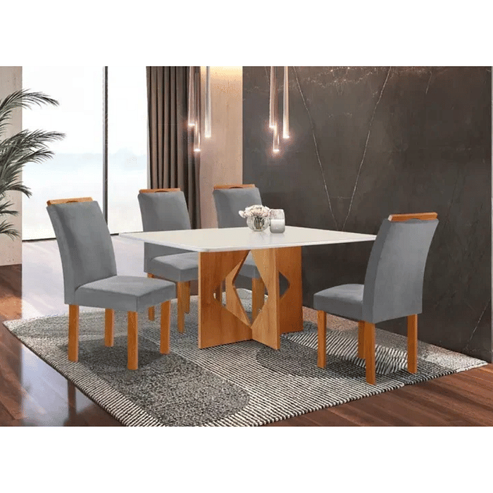 Mesa 4 Cadeiras em MDF com Tampo de Vidro 120X90 Cel Móveis Milão Cinamomo/Grafite Tec 171