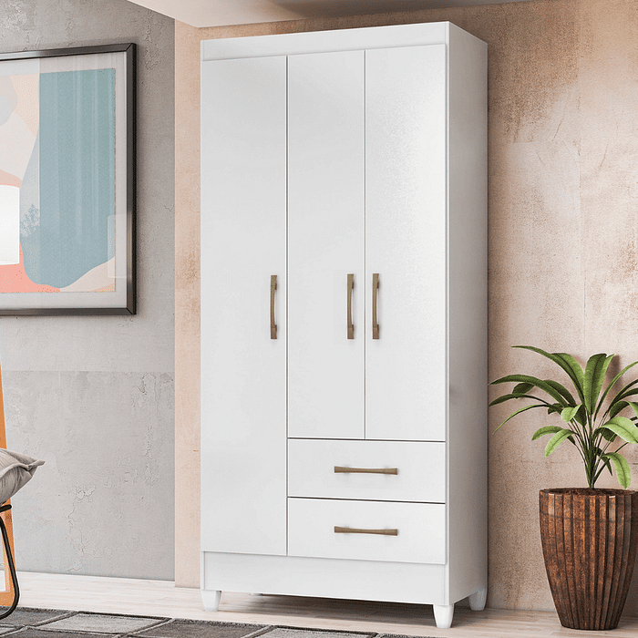 Guarda-Roupa Solteiro 3 Portas 2 Gavetas Lima Branco/Rosa/Branco-Flex - Moval