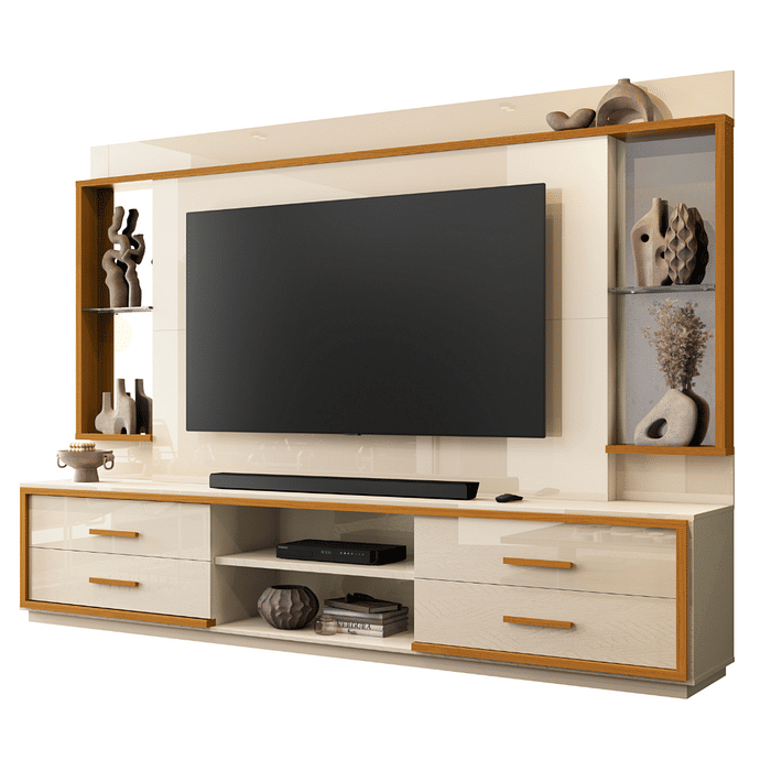 Estante Home para TV até 75 Polegadas com Espelho 4 Gavetas Leni Off White/Cedro - EDN