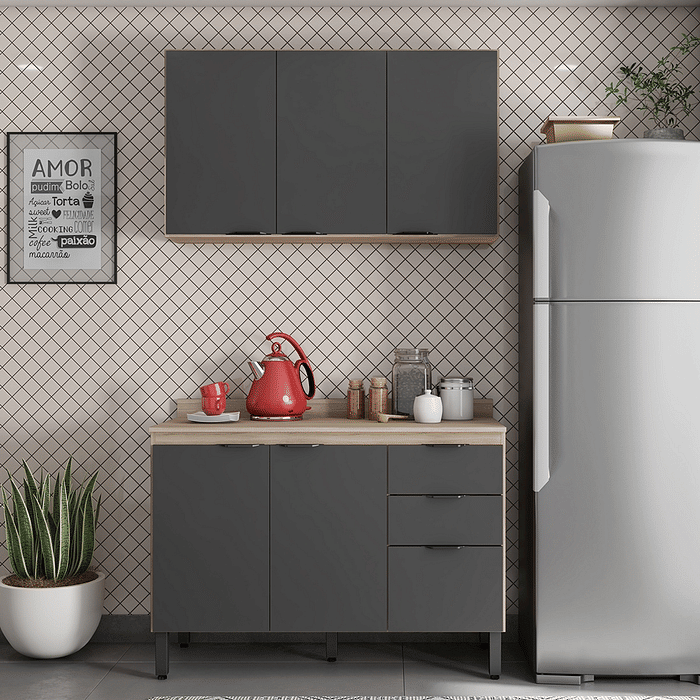 Cozinha Firenze 2 Módulos, Armário 120 com Balcão 120 Avena com Grafite - Demobile