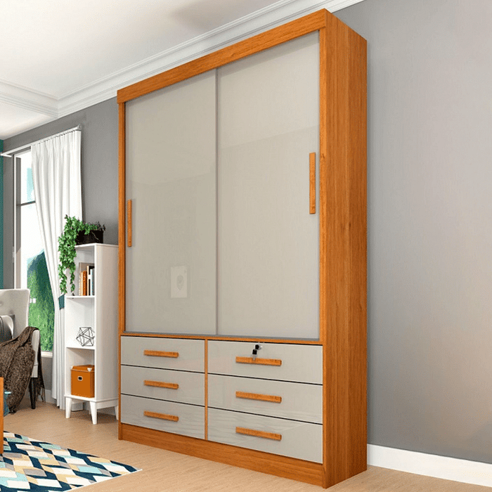 Guarda-Roupa Solteiro 2 Portas 6 Gavetas Tcil Móveis Chicago Cinamomo/Off White