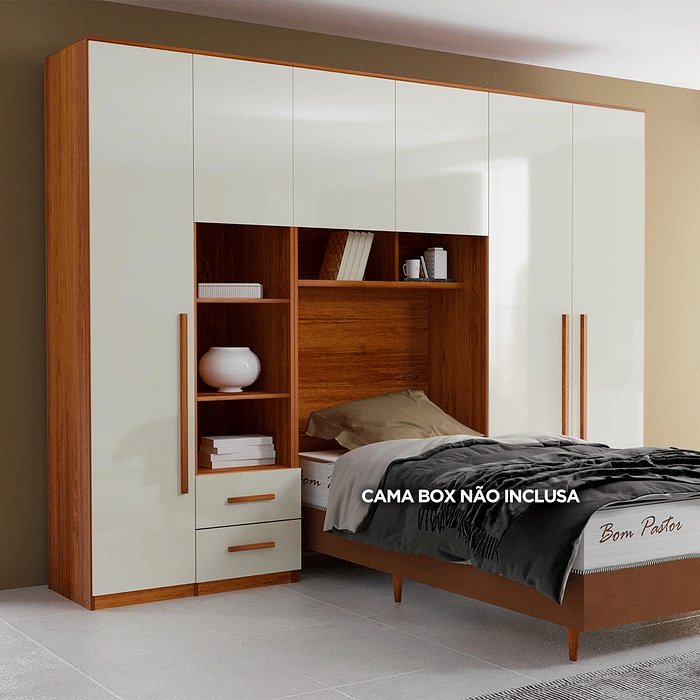 Guarda-Roupa Solteiro Modulado Tivoli 4 Peças 100% MDF com Mesa de Cabeceira, Natural/Bege - Bom Pastor