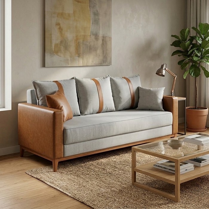 Sofá Montreal 1.90 Braço Couro Sintético Espuma D28 - Linho Cinza