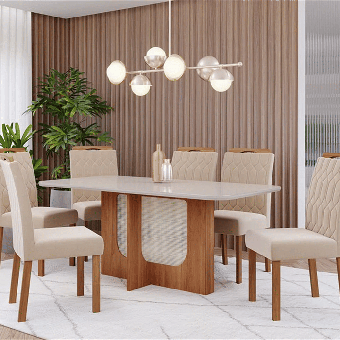 Conjunto de Mesa de Jantar Cimol Louise 160cm com 6 Cadeiras Paola Wood - Cinamomo e Off White