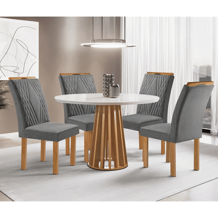 Mesa de Jantar Berlim Redonda com 4 Cadeiras - Cel Móveis Cinamomo/Off White/Cinza