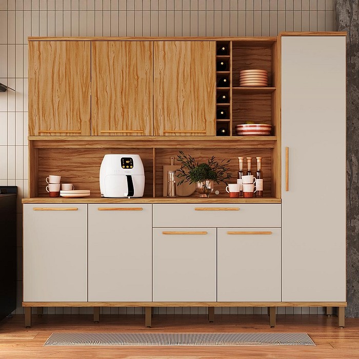 Kit de Cozinha Compacta 220 8 Portas 100% MDF Cecília Rio Doce - Amendoa/Off White