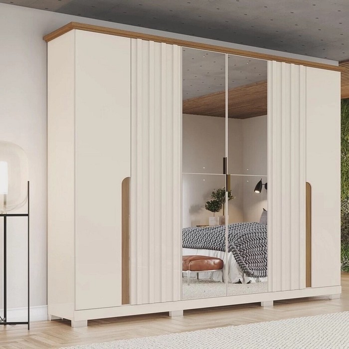 Guarda-roupa Casal com Espelho Napoli 6 Portas Off White/Nature - Henn