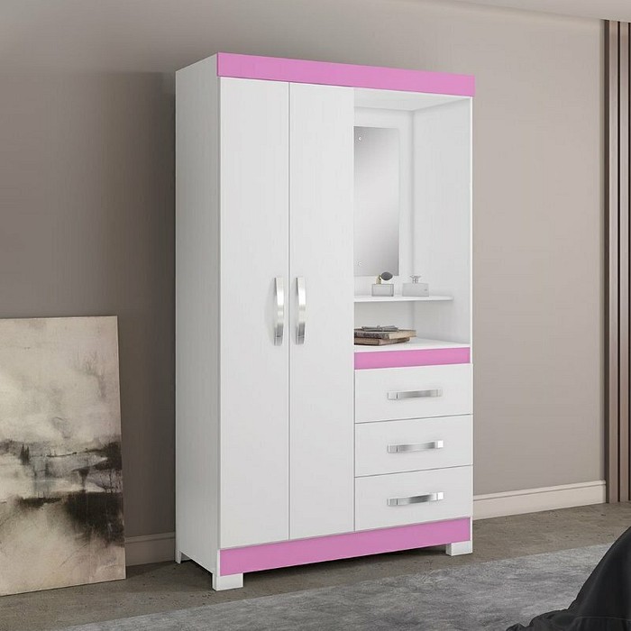 Guarda Roupa Solteiro Com Espelho NT5170 Branco/Rosa - Notável