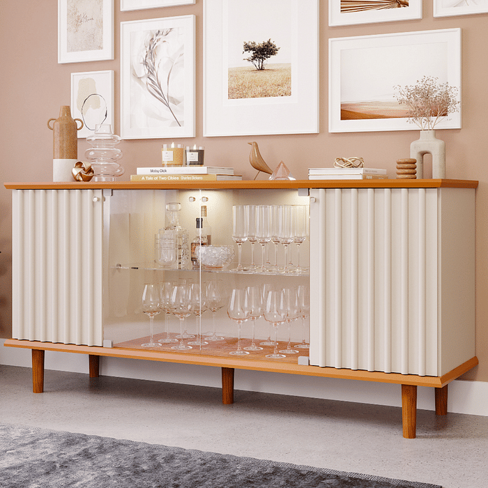 Buffet Aparador 4 portas 100% MDF, com Vidro Temperado Janice Cimol Nature/off White 