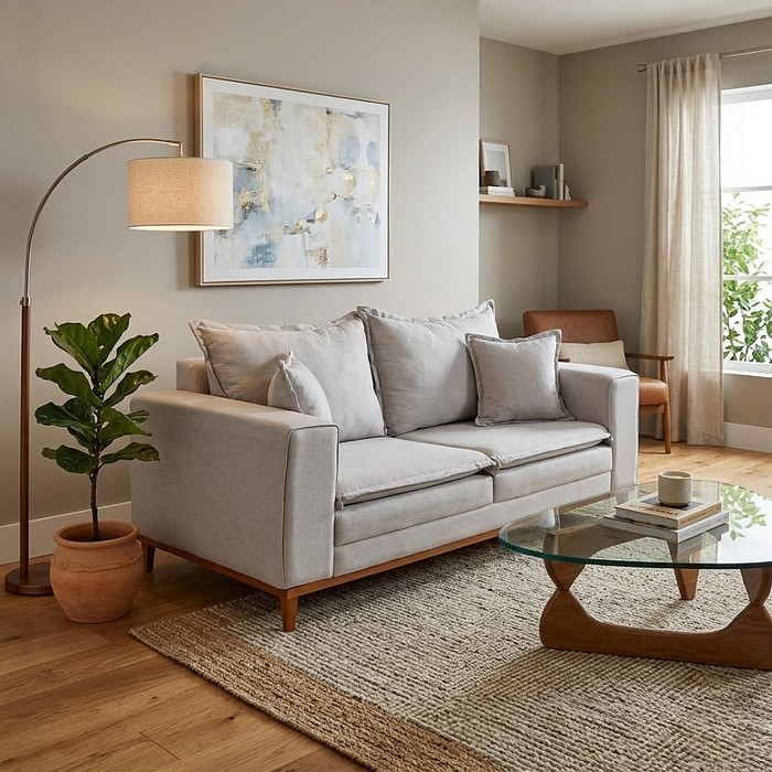 Sofá Búzios 3 Lugares 2,00m com Pillow – Assento em Espuma D33 e Pés de Madeira - Cinza - Design