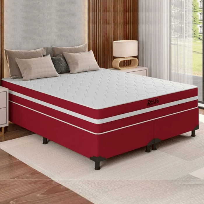 Cama Box Queen  (Colchão + Base) Zeus 158x188 Molas Ensacadas Vermelho Bacceto