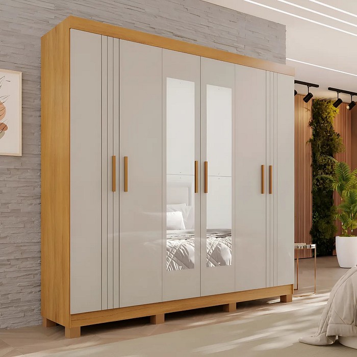 Guarda-roupa 6 Portas, com Espelho com Pés Madri Cinamomo/Off White - CHF Móveis