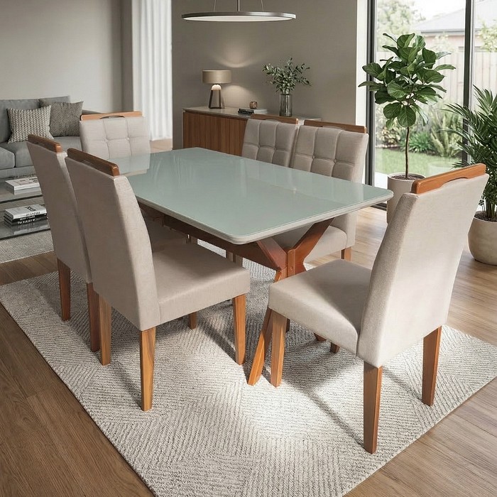 Conjunto de Jantar em Madeira Maciça Elegancia com 6 Cadeiras Pérola - Linho Bege/Cinza