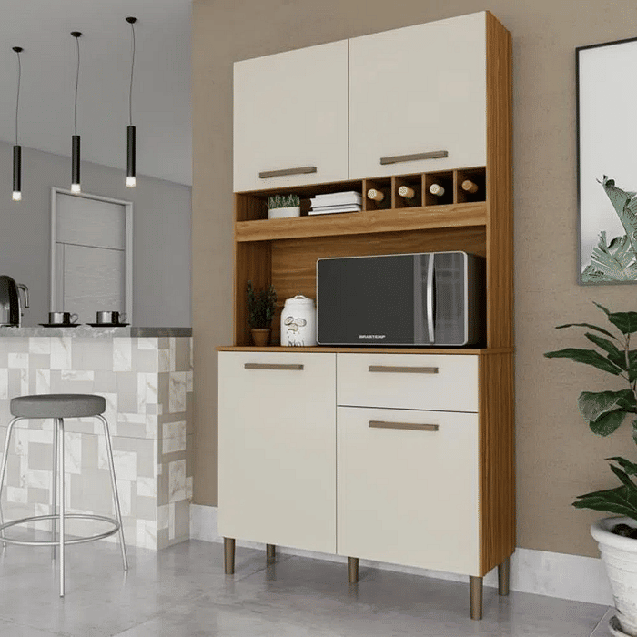 Armário de Cozinha Kit 4 Portas 1 Gaveta Ronipa Pinot Amendoa/Off White