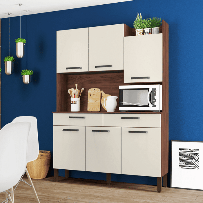 Armário de Cozinha Kit 6 Portas 2 Gavetas Modena  Nogueira/Off White - Kits Paraná