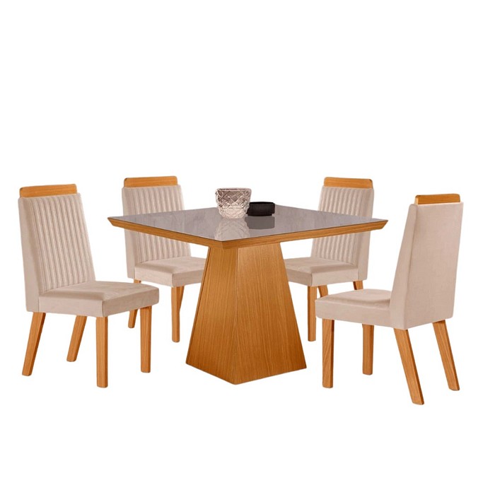 Conjunto Mesa Prada 90x90  com 4 Cadeiras Tampo Vidro LJ Móveis Castanho/Cinamomo Tec 164