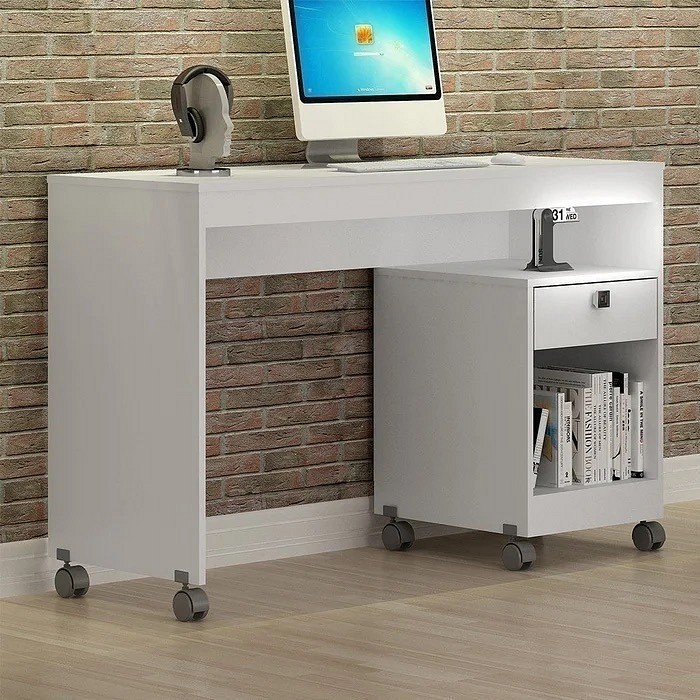 Escrivaninha Mesa de Computador 1 Gaveta com Rodízios Giga Branca - Valdemoveis