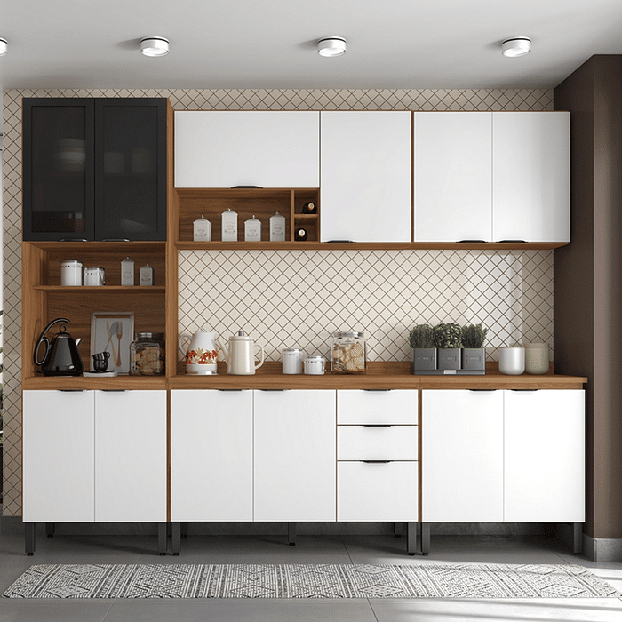 Cozinha Firenze 5 módulos com Vidro Amendoa com Branco - Demobile