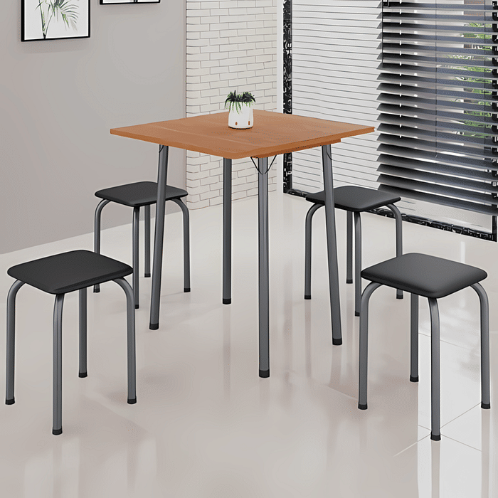 Conjunto Mesa Dobrável Soma Luana 68×68 cm com 4 Banquetas - Preto Prata / Cinamomo