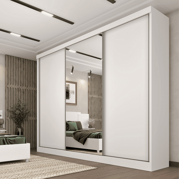 Guarda-Roupa Casal 100% MDF Com Espelho 3 Portas de Correr 6 Gavetas Tcil Móveis Milão Branco