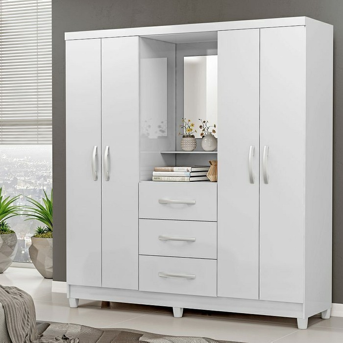 Guarda-Roupa Solteiro 4 Portas Capelinha com Espelho Ilhéus MX Móveis Branco com Pink