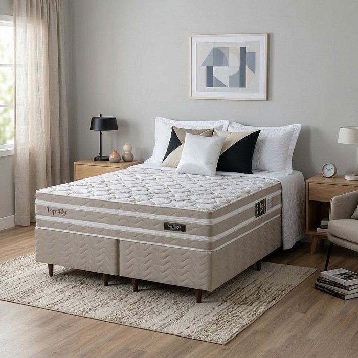 Conjunto Cama Box Queen + Colchão Design Top Flex Ouro 158x198x70