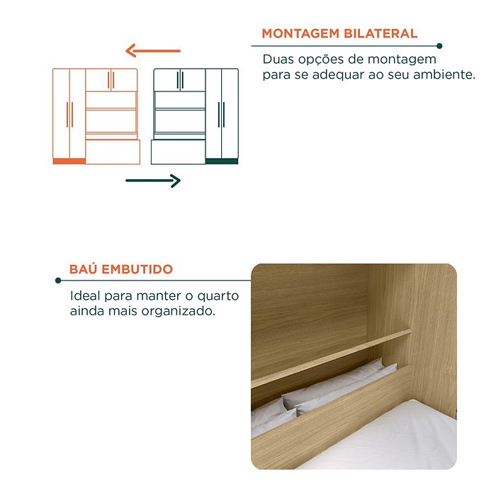 Guarda-Roupa Solteiro Com Cama 4 Portas MX Móveis Lisboa Havana/Off White