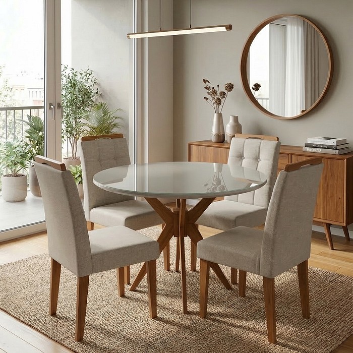 Conjunto de Sala de Jantar em Madeira Maciça Italia Tampo Redondo 120cm com 4 Cadeiras Pérola - Linho Bege/Cinza