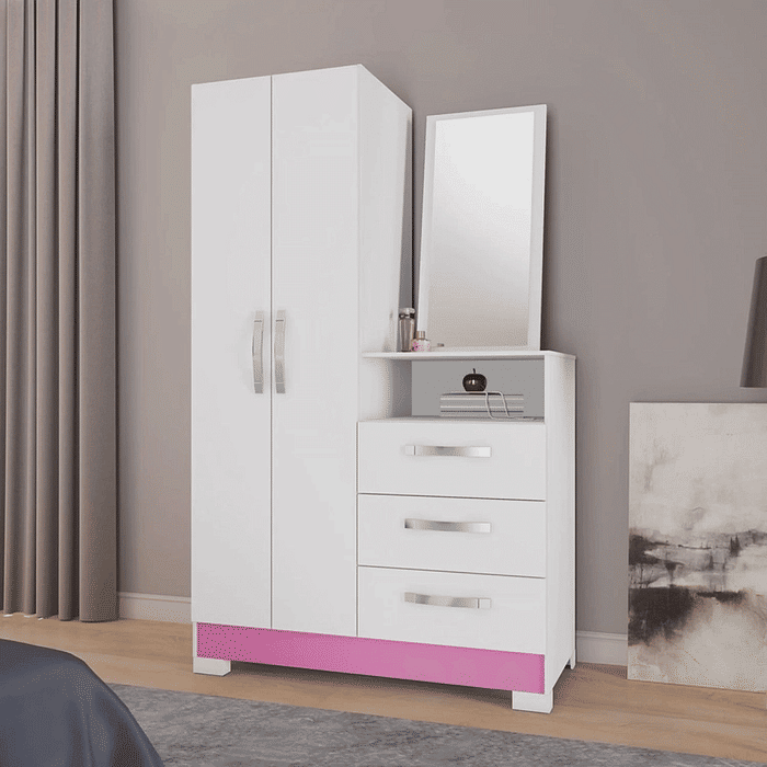 Cômoda para Quarto com Espelho 2 Portas 3 Gavetas Notável Móveis NT5165 Branco/Rosa