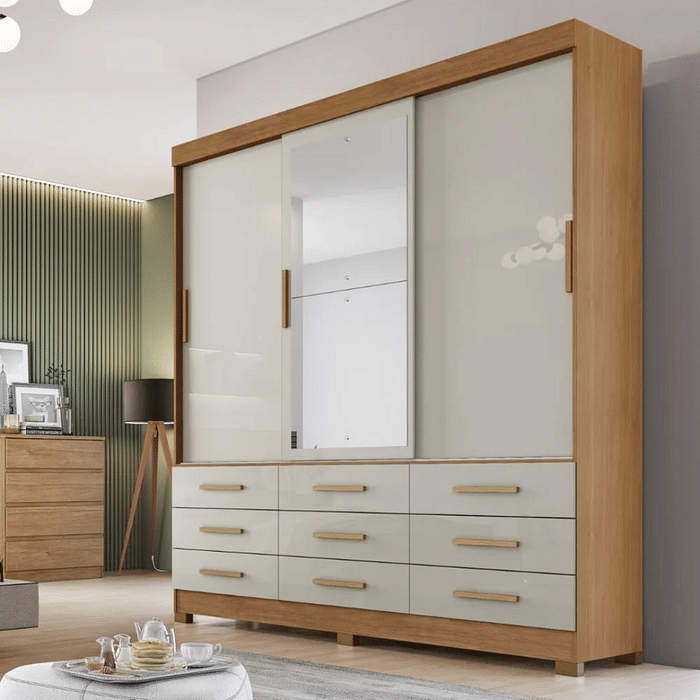 Guarda Roupa Casal com Espelho 3 Portas 9 Gavetas Buriti Cumaru/Fendi - Novo Horizonte