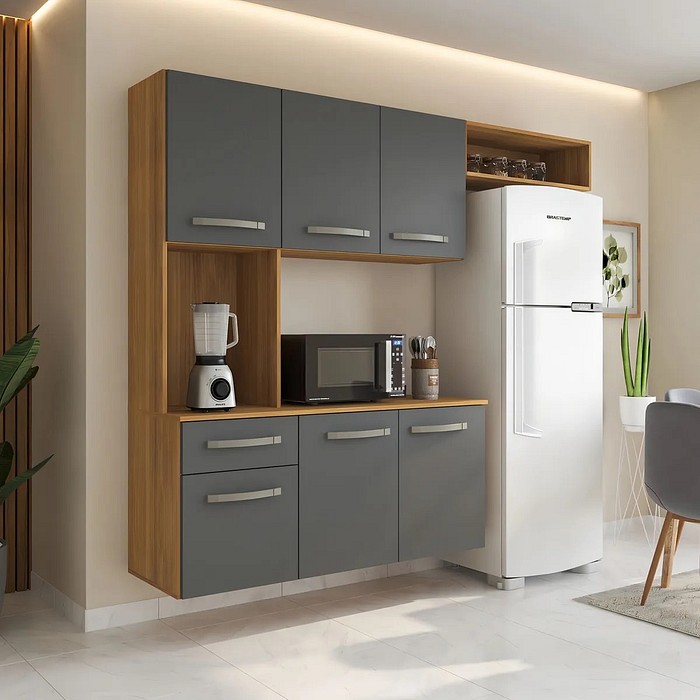 Cozinha Compacta Suspensa Completa Belíssima Freijo/Grafite - Fiorello