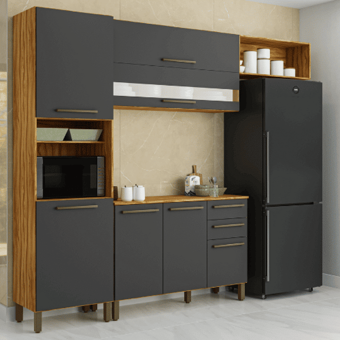 Cozinha Completa em MDF Carmenere, Paneleiro + Aéreo + Balcão Amendoa/Chumbo