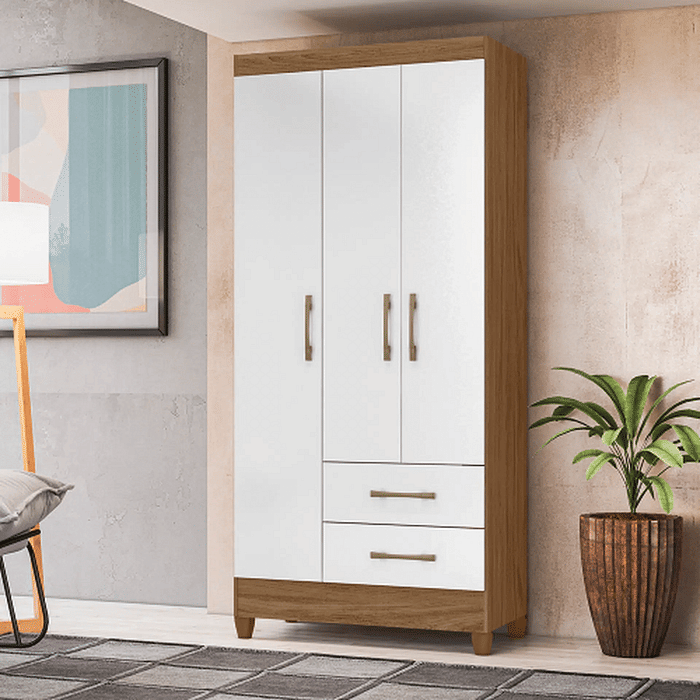 Guarda-Roupa Solteiro 3 Portas 2 Gavetas Lima Naturale/Branco - Moval