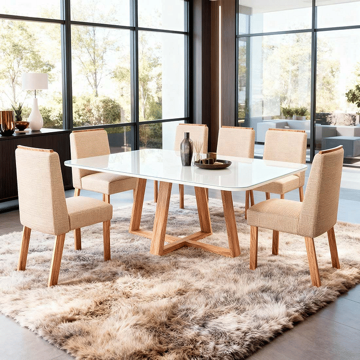 Conjunto Mesa Jantar 100% MDF Melina 180x90 com 6 cadeiras Melina Nature/Off White/Linho3025 - Bom Pastor