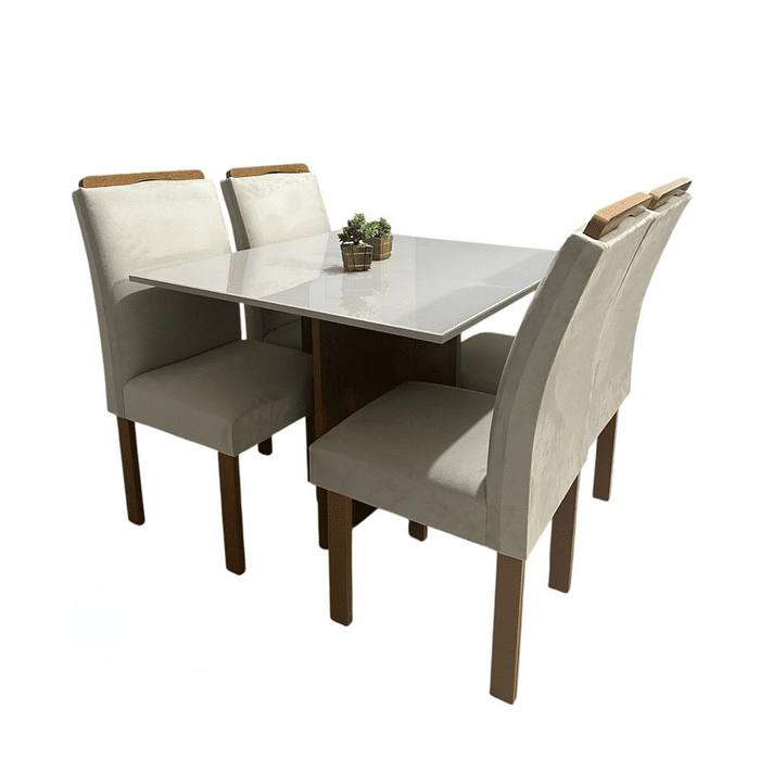 Sala de Jantar Mesa Salinas Tampo com Vidro 90x90 e 4 Cadeiras Londres - Cinamomo/Off White