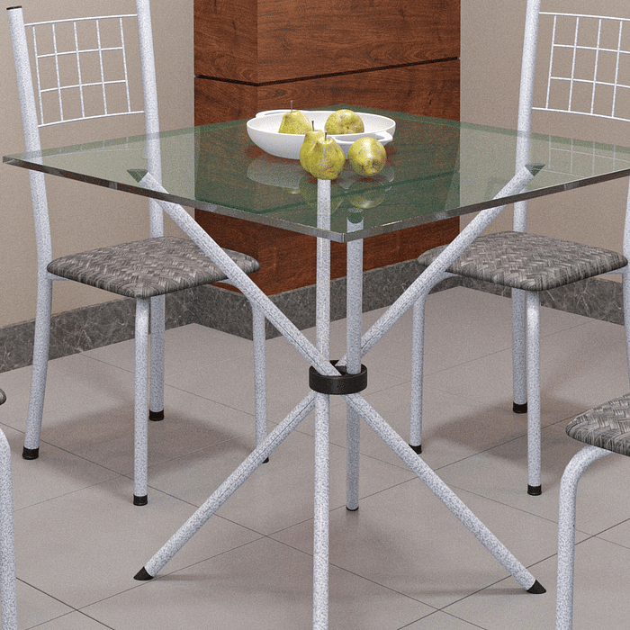 Mesa 4 Cadeiras Tubular Martelado Tampo de Vidro 75x75 Pérola Dani 048 - Soma