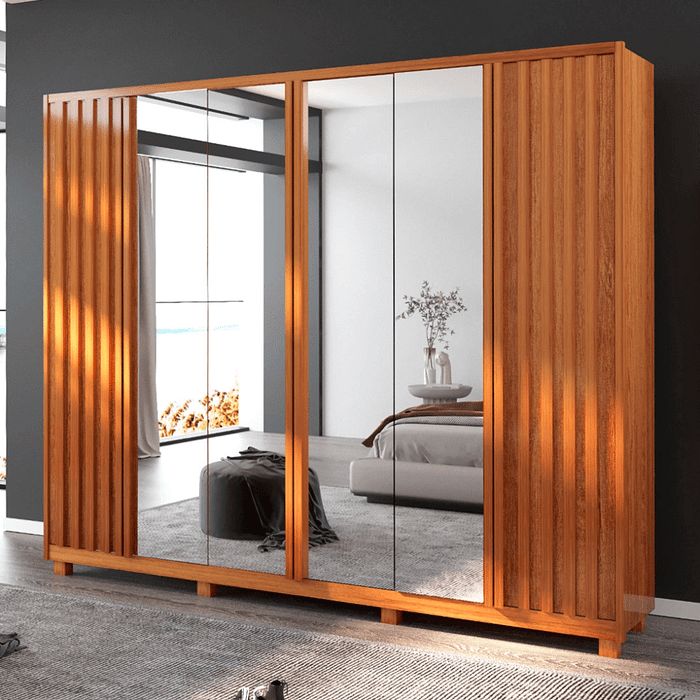 Guarda-Roupa Casal Com Espelho Em MDF 6 Portas, Madrid Boss Ripado Naturalle - Bom Pastor