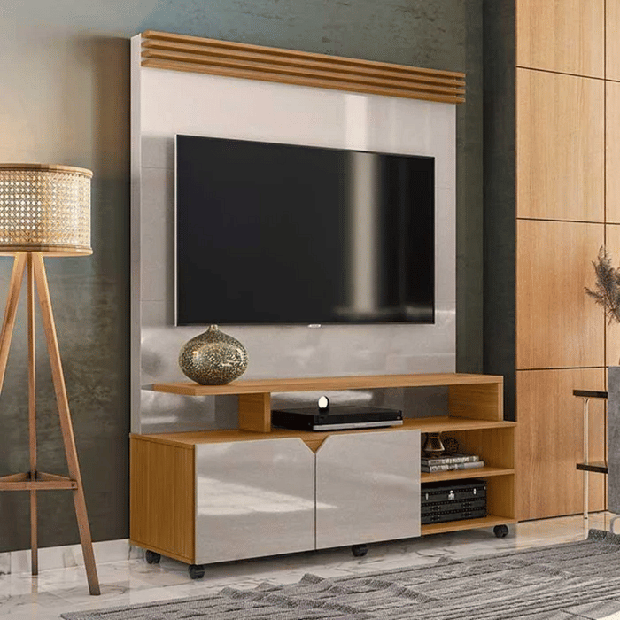 Estante Home Para TV 55 Polegadas com Rodízios Lukaliam Berlim Off White Personalizado/ Tauari