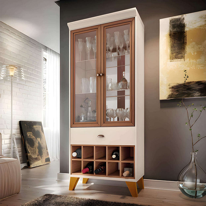 Cristaleira 2 Portas de Vidro 1 Gaveta Adega HB Móveis Opera Off White/Nature