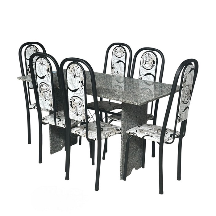 Conjunto Mesa 6 Cadeiras Tubular Lavínea 140x75cm - Preto - Tampo e Pés em Granito
