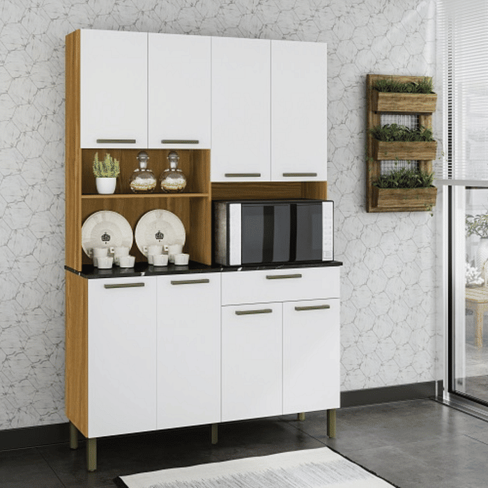 Armário de Cozinha Kit 8 Portas 1 Gaveta em MDF Ronipa Tannat Amendoa/Branco