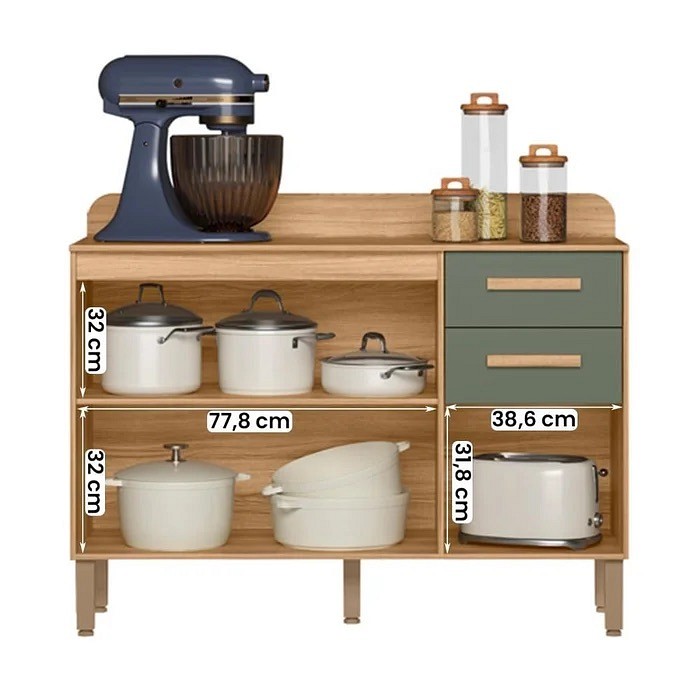 Balcão Nicioli Maria Flor 2 Portas e 3 Gavetas 120 cm Freijó/Verde