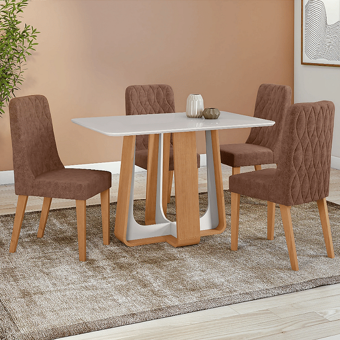 Conjunto de Mesa de Jantar Com 4 Cadeiras Lopas Sintonia 120X80 com Vidro Avelã/Amendoa/Off White